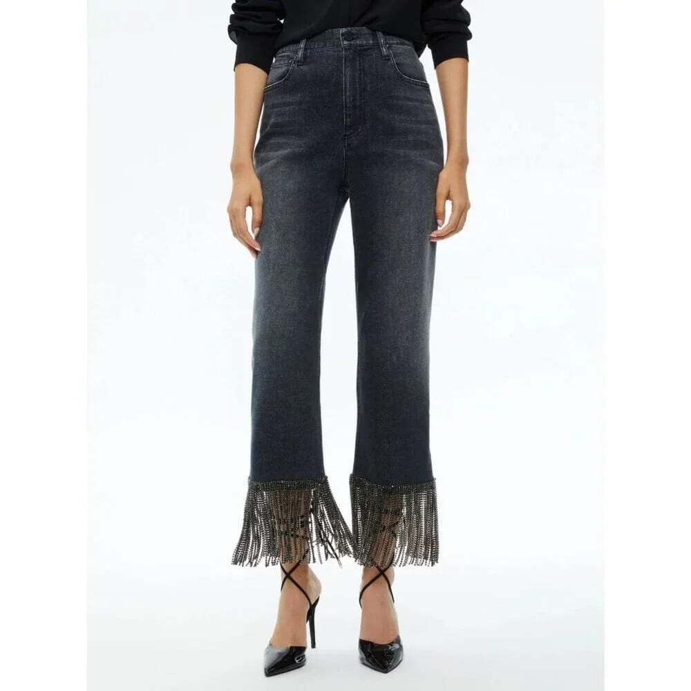 Alice + Olivia Amazing Crystal Fringe Hem Charcoal Black Jeans 25